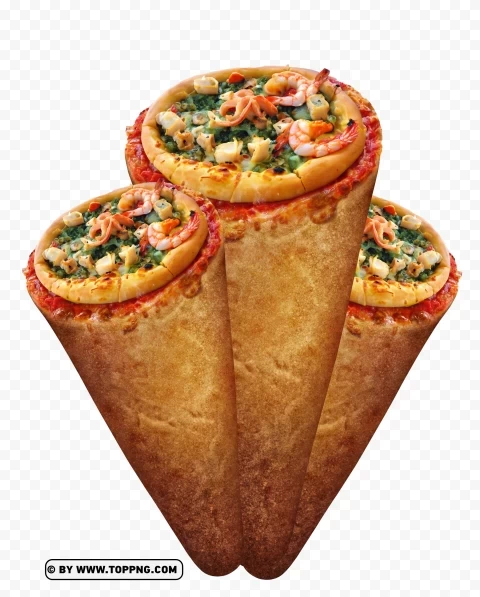 Three Cone Seafood Pizza On Transparent Background PNG For Web Design