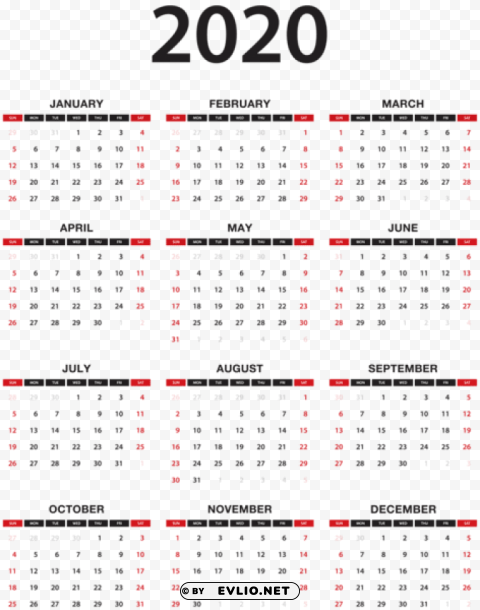 2020 calendar PNG artwork with transparency