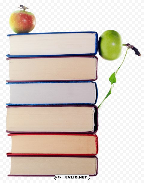 Stack of Books and Apple PNG images with transparent backdrop