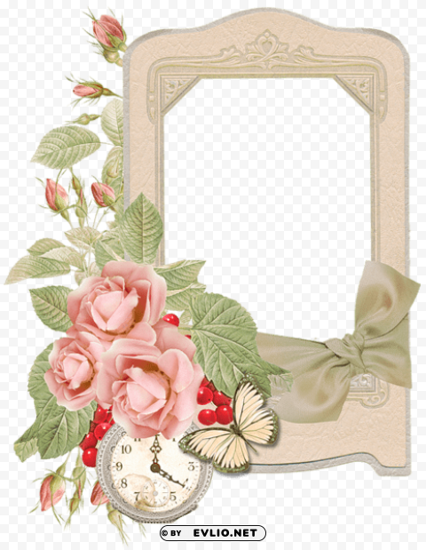 cream frame with clock and roses PNG files with clear background