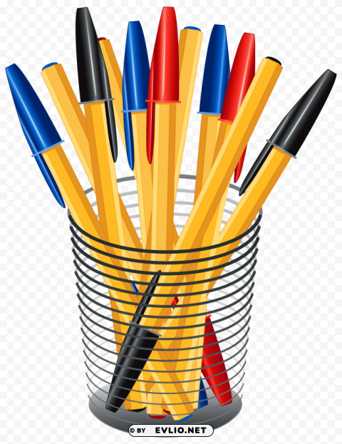 metal cup with pens Isolated Illustration on Transparent PNG