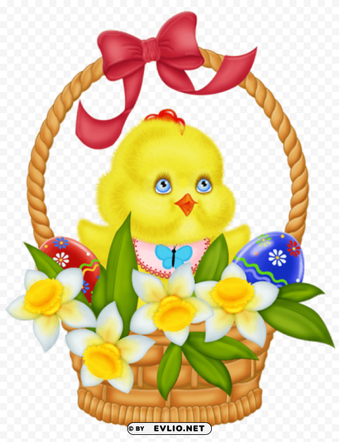 easter basket with eggs chicken and daffodils Transparent PNG Isolated Item