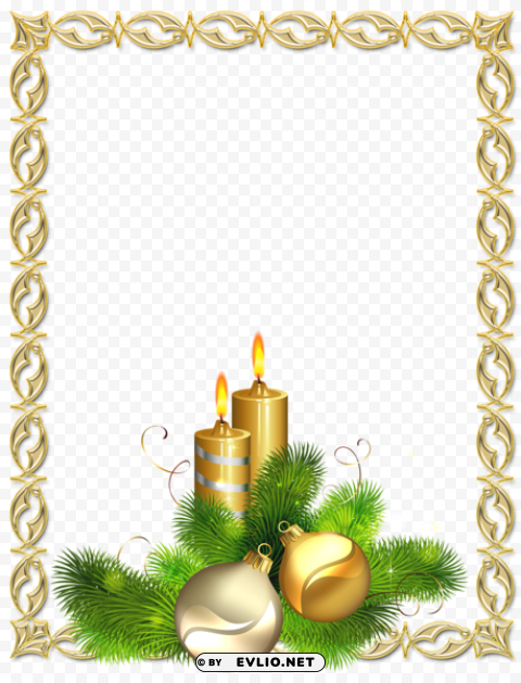 large gold christmas photo frame with candles and christmas balls PNG transparent images bulk
