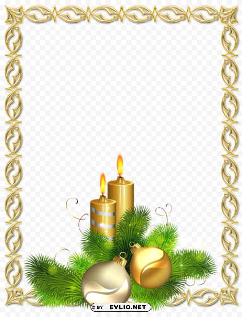 Large Gold Christmas Photo Frame With Candles And Christmas Balls PNG Transparent Images Bulk