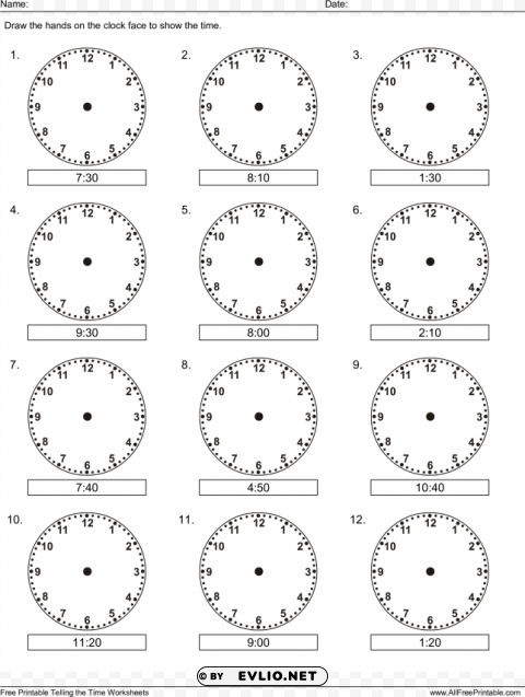 draw the hands on the clock face worksheets Isolated Graphic with Clear Background PNG