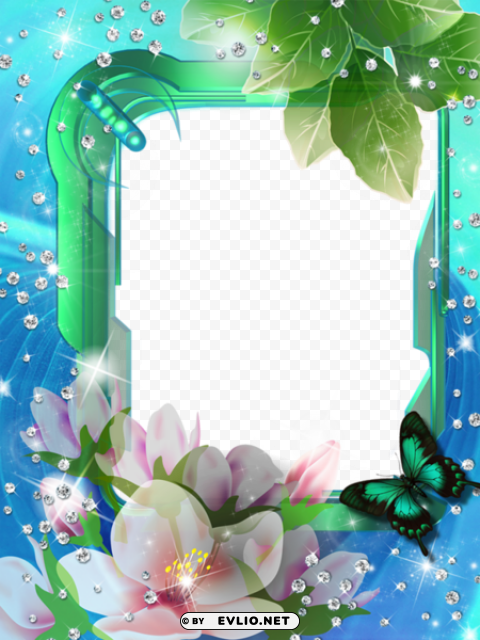 Blue Greenphoto Frame With Flowers PNG Image With Transparent Isolated Graphic Element