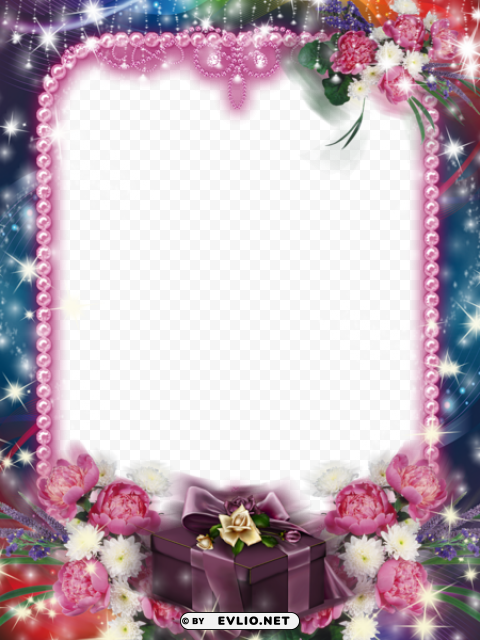 dark blue frame with purple gift and flowers Transparent PNG images complete package