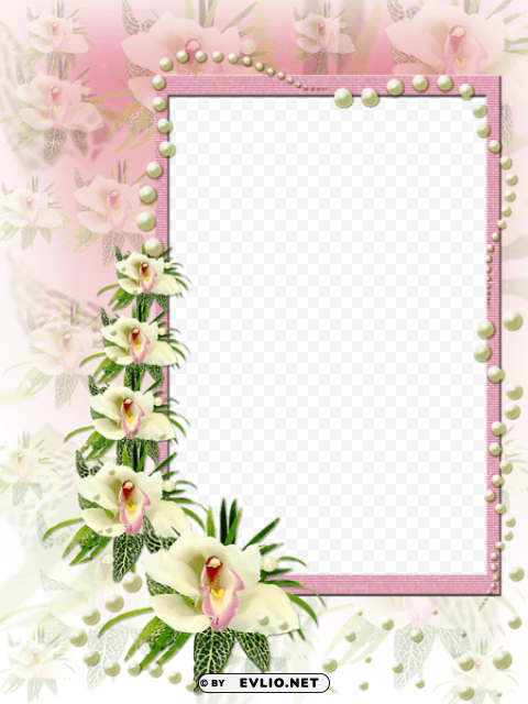 pink and white flowers frame with pearls PNG Graphic with Isolated Design