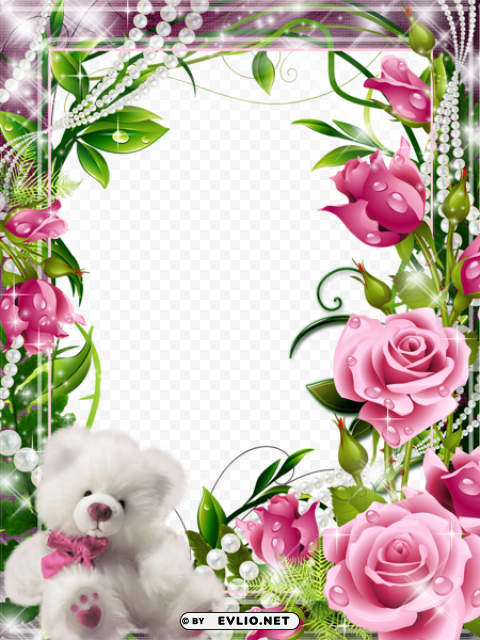 transparent frame with pink roses and white teddy PNG Image Isolated with HighQuality Clarity