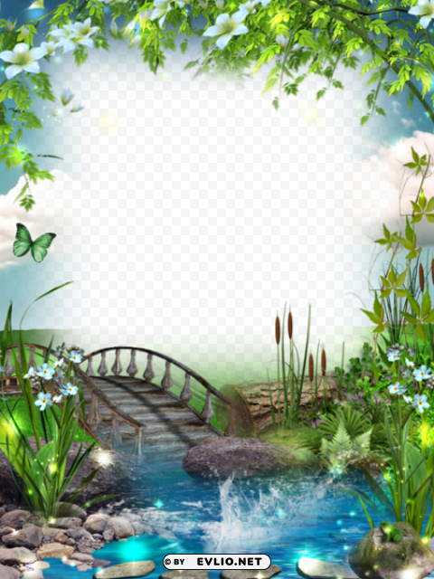 transparent photo frame with bridge and river Free PNG file