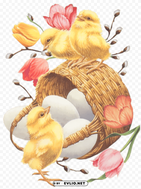 Easter Basket With Eggs Chickens And Tulips ClearCut Background Isolated PNG Graphic Element