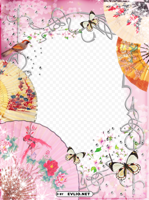 pink frame with fans and butterflies Transparent Background PNG Isolated Item