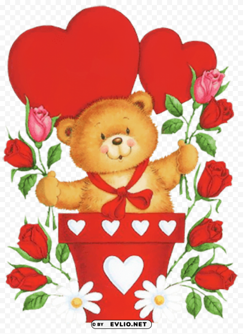valentine teddy with heart and roses in pot Isolated Subject on HighQuality Transparent PNG