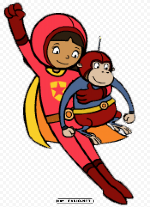 wordgirl flying up with captain huggy face PNG with isolated background