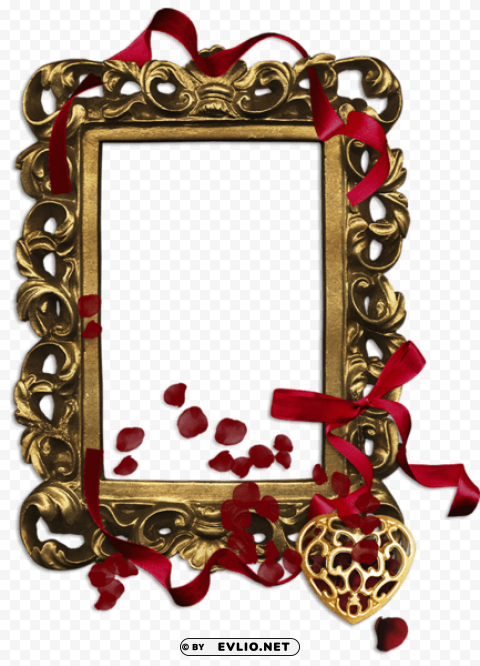 Gold Classicframe With Red Ribbon And Heart PNG Artwork With Transparency