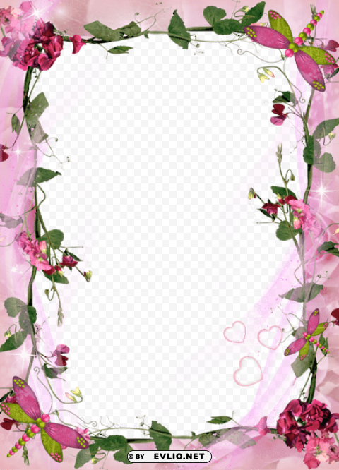 transparent pink photo frame with pink flowers Alpha channel PNGs