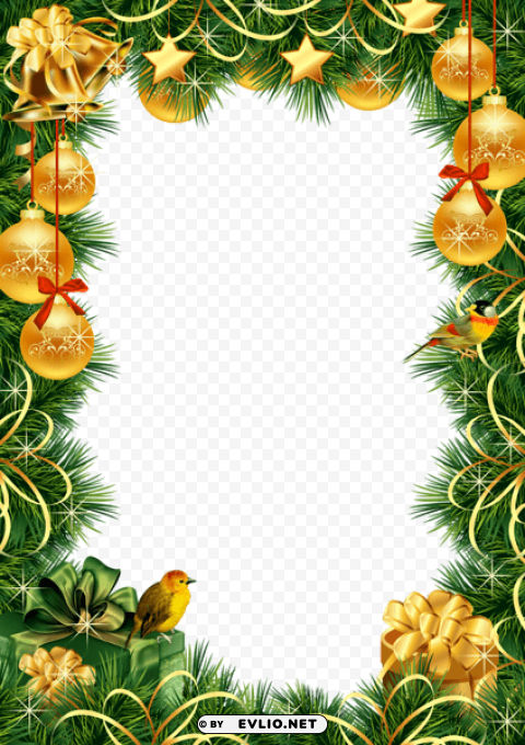 christmasphoto frame with gold christmas balls PNG Image Isolated with Transparent Detail