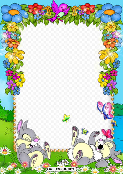 cute blue kidsframe with flowers and bunnies PNG file with alpha