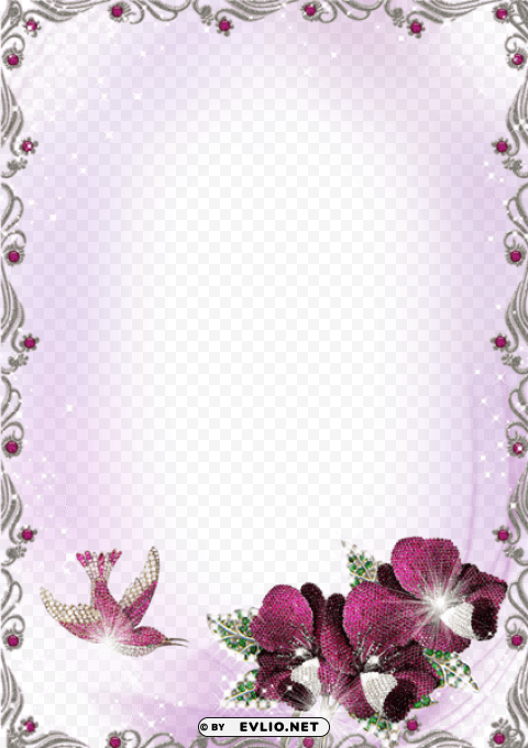 large silver and purple transparent frame with flowers Clean Background Isolated PNG Object