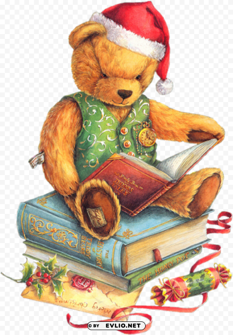 christmas teddy bear with santa hat and books PNG Isolated Subject on Transparent Background