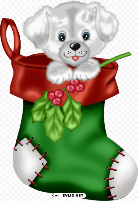 christmas green stocking with puppy Isolated Element in Transparent PNG