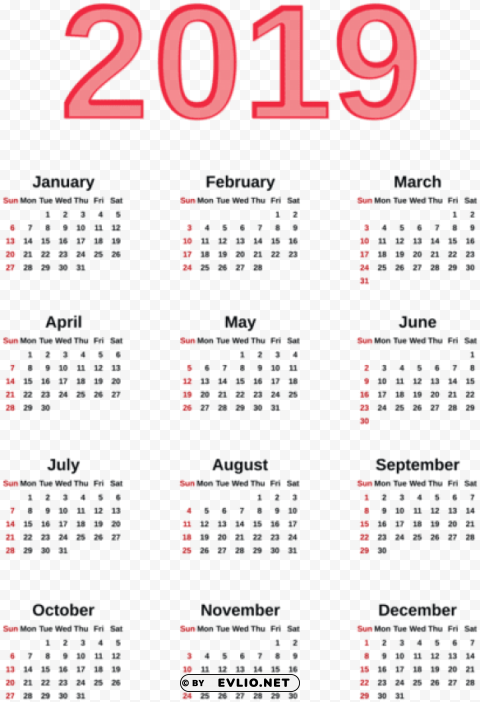  2019 calendar Isolated Subject in Transparent PNG Format