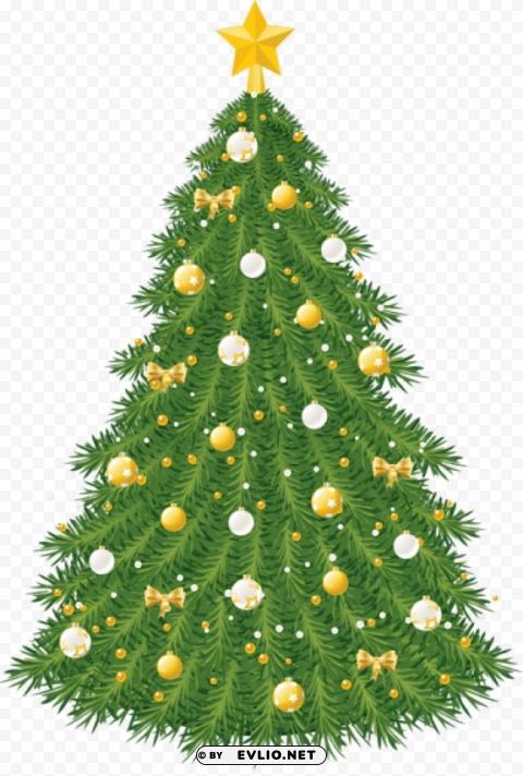 large transparent christmas tree with gold and white ornaments PNG Image with Isolated Graphic