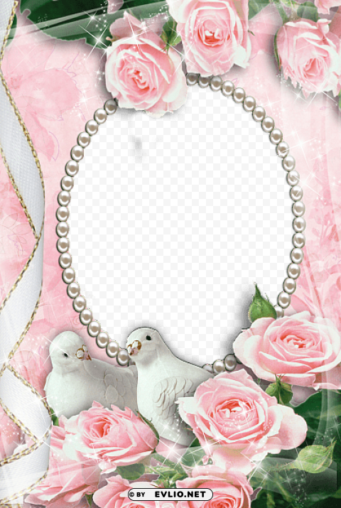 pink transparent frame with doves and roses PNG images with cutout