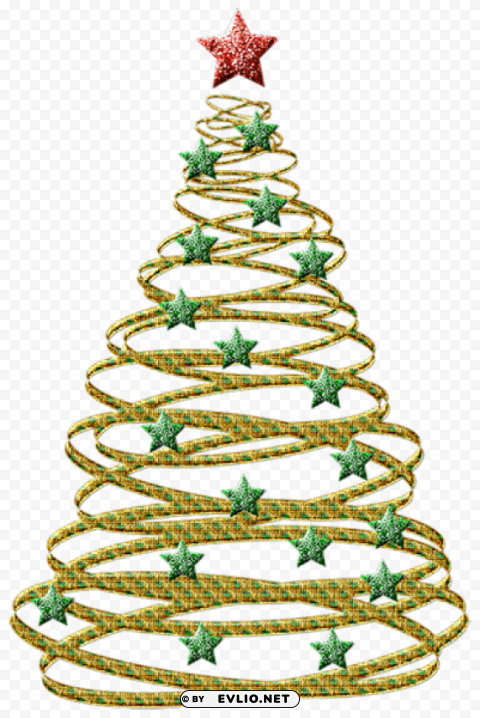 transparent gold christmas tree with green stars PNG Isolated Subject with Transparency