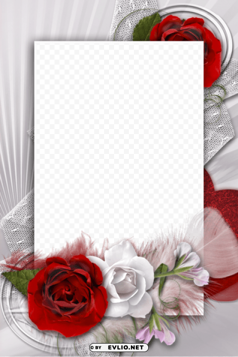 transparent romantic frame with white and red rose PNG images without BG