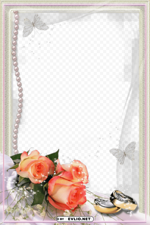 beautiful transparent wedding photo frame with rings and roses Clean Background Isolated PNG Graphic