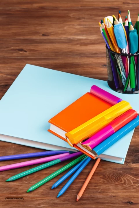 Cheerful Back to School Stationery on Wood Surface background Clear PNG pictures assortment - Image ID e596a4de