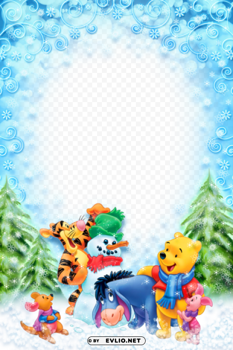 christmas kids winter photo frame with winnie the pooh and friends Transparent Background PNG Isolated Illustration