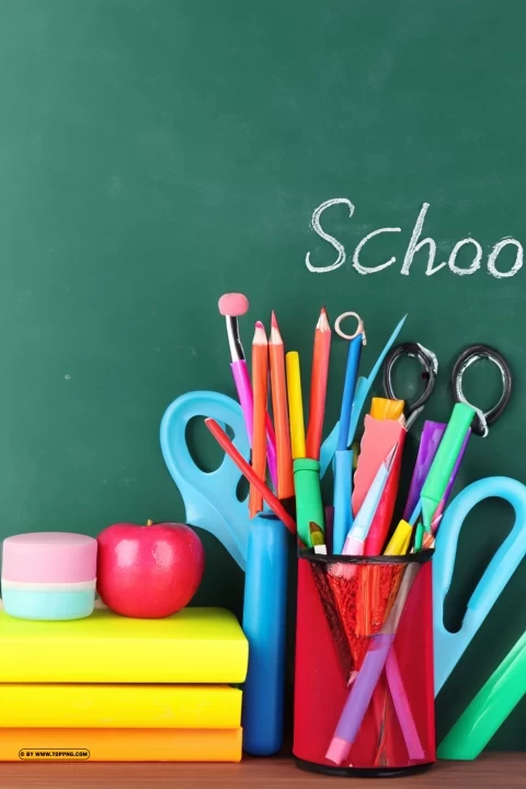 Colorful Stationery And Supplies On Chalkboard Background For School Clear PNG Pictures Free