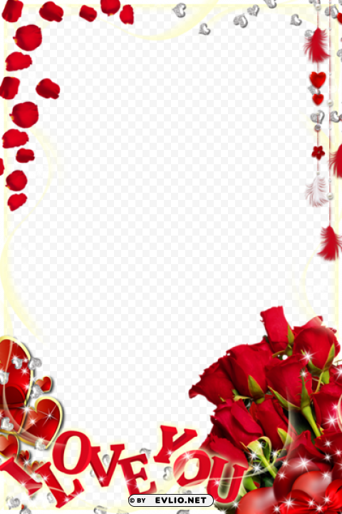cute transparent photo frame with roses love you Clean Background Isolated PNG Image