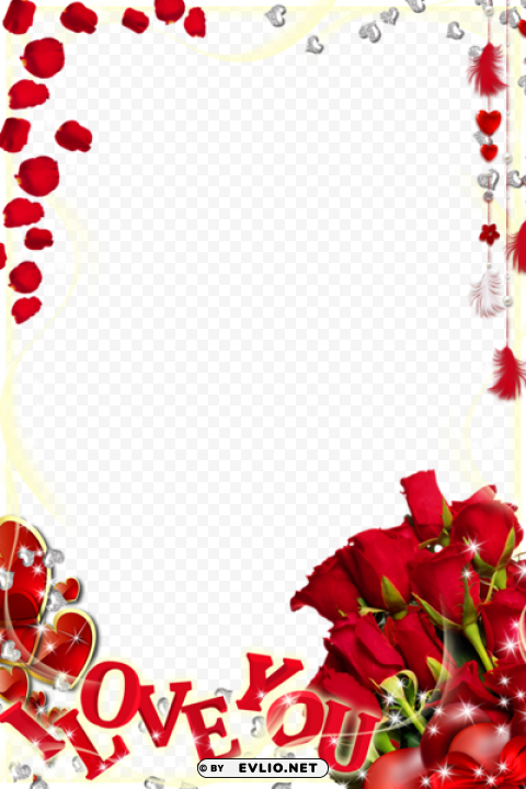 Cute Transparent Photo Frame With Roses Love You Clean Background Isolated PNG Image