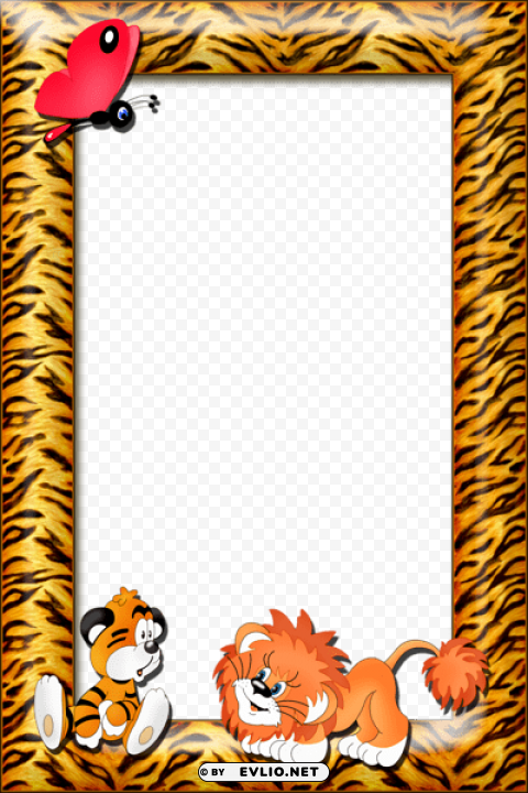 kids photo frame with tiger and lion PNG graphics with transparent backdrop