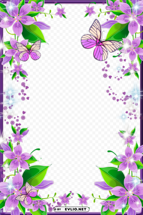 light purple flowers and butterfliesphoto frame PNG Image with Clear Background Isolated