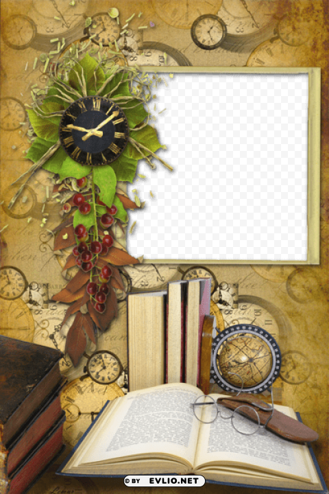 photo frame with books and clock PNG for t-shirt designs