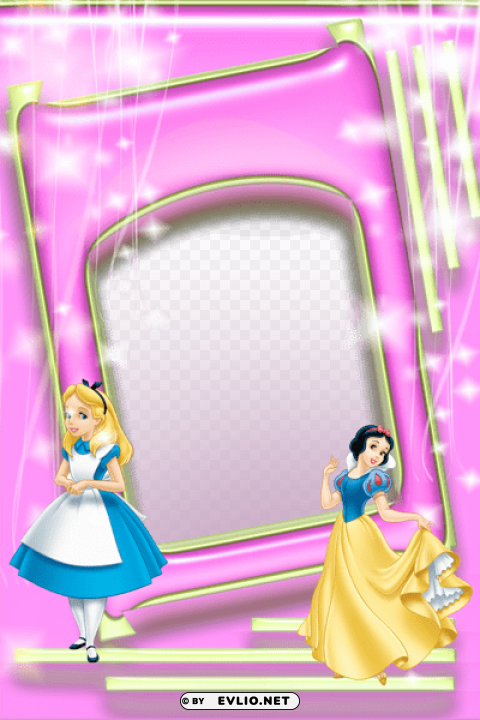 pink kids photo frame with alice and snow white Isolated Graphic with Transparent Background PNG
