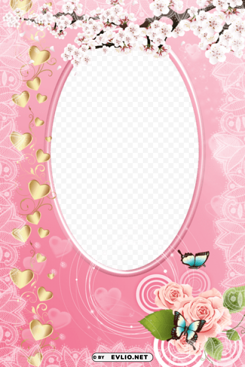 pink photo frame with gold hearts PNG images with clear cutout