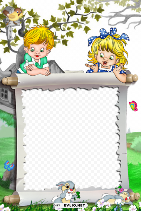 white kids transparent frame kids and bunnies PNG file with no watermark
