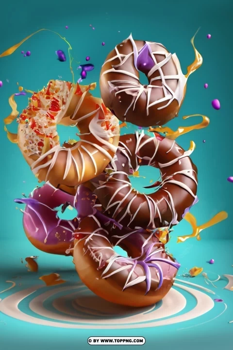 Mix of Multicolored Sweet Donuts with Sprinkles Flying Doughnuts Scene on Blue Clean Background Isolated PNG Image