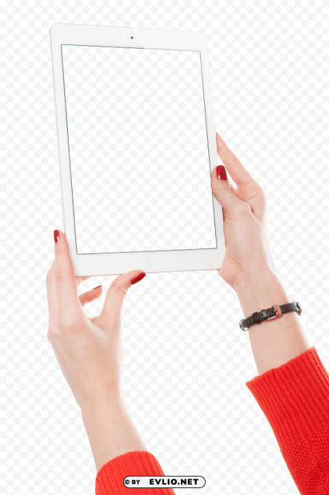 girl hand holding white tablet Clean Background Isolated PNG Character