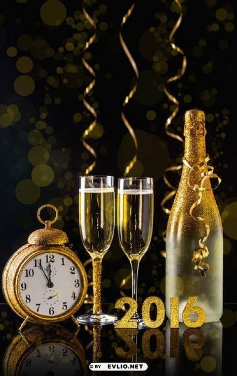 2016 happy new year with champagne and clock Isolated Object on Transparent PNG