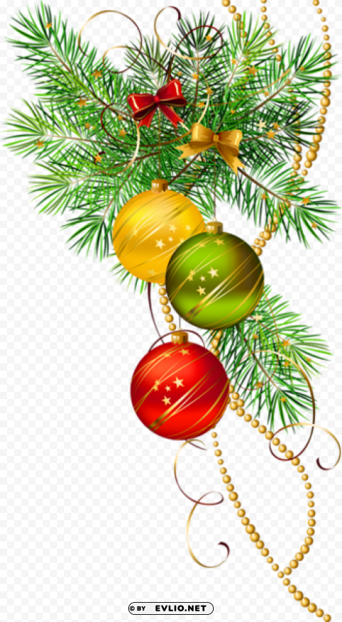 three christmas balls with pine branch PNG Illustration Isolated on Transparent Backdrop