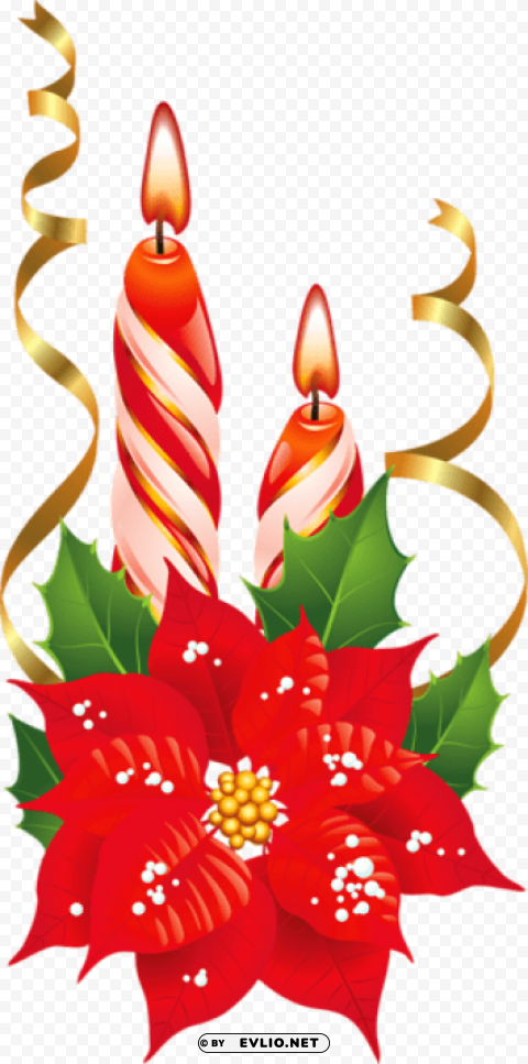 red and white christmas candles with poinsettia PNG transparent pictures for editing