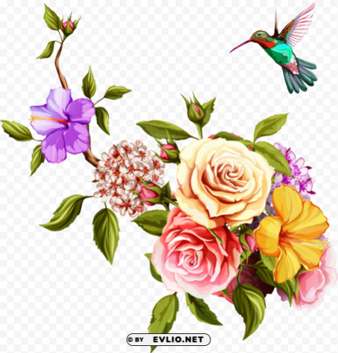 old rose hummingbird birds and flowers border PNG Isolated Object with Clarity