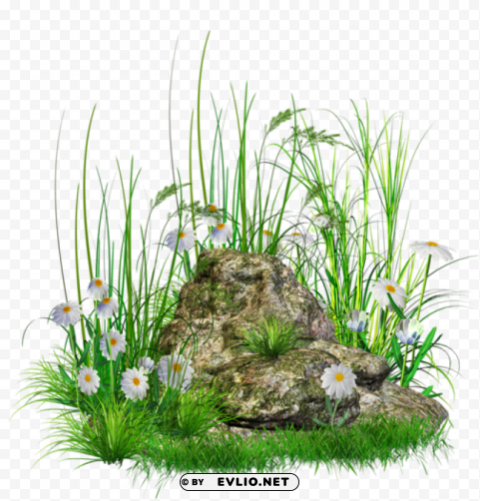 stone with grass and flowers Isolated Subject with Clear PNG Background