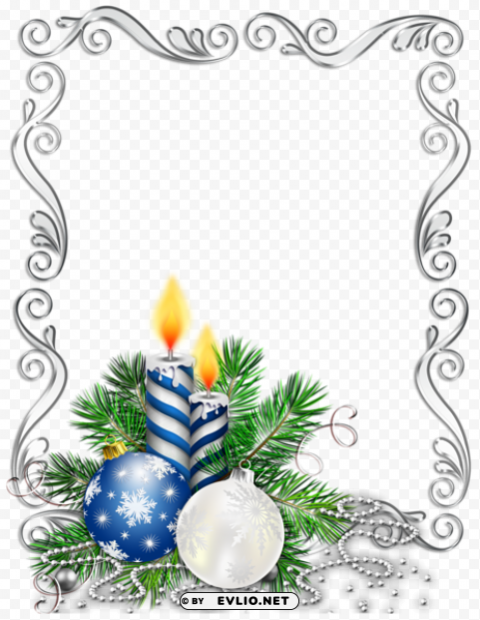 large silver christmas photo frame with blue candles and christmas balls PNG images with transparent elements